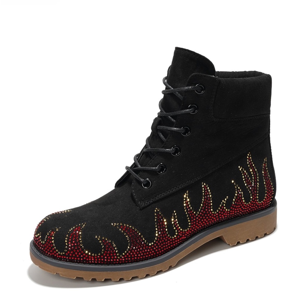 •CAPE ROBBIN• “Zabrina” Rhinestone Flame Lace-up Boots - Black // NIB